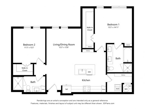 Floor plan for 2 beds, 2 baths, 1102 sqft